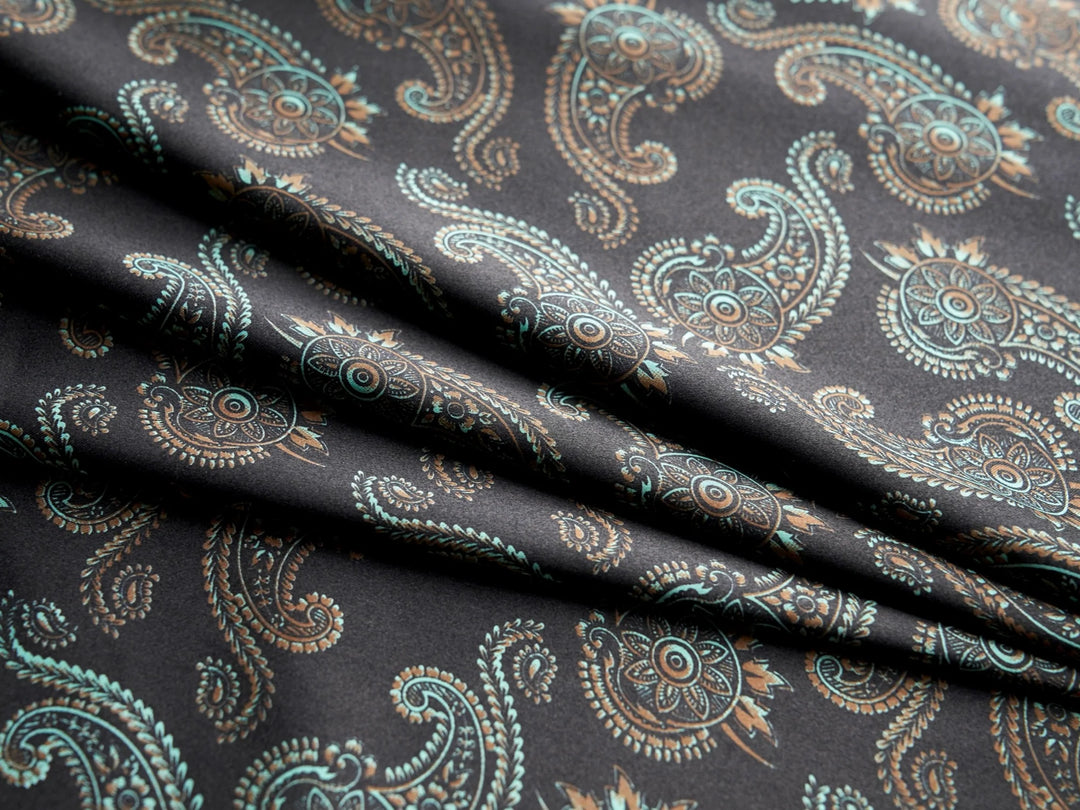 Charmeuse satin fabric by the yard -  MonSar exclusive   Spurs  paisley print