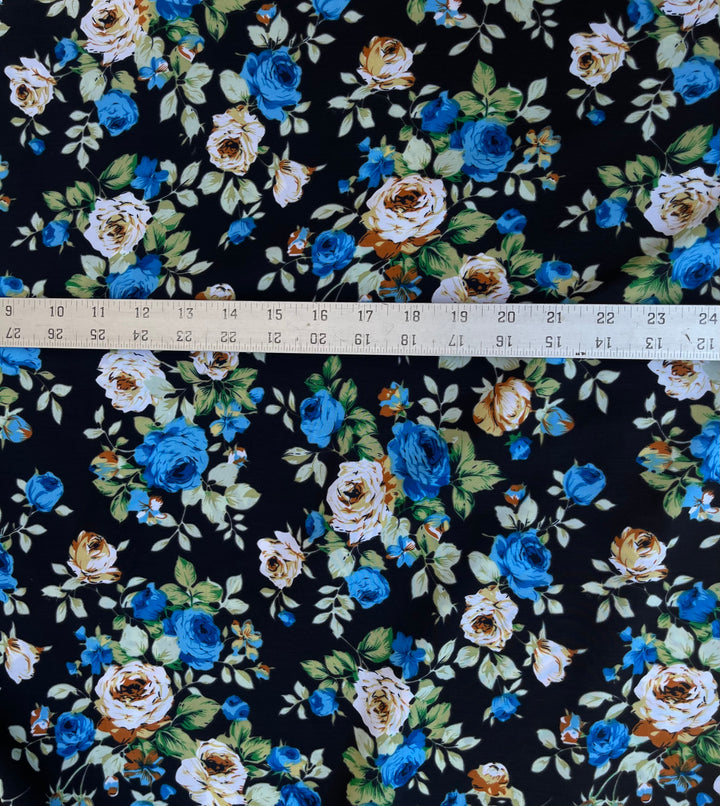 Peachskin  fabric by the yard - Yellow  blue roses on black  print