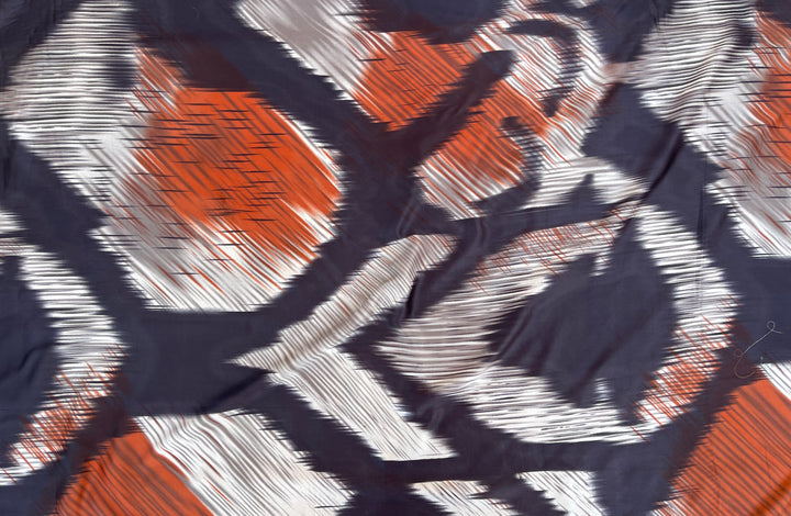 Lightweight  satin fabric by the yard - Ivory black and orange  ikat print