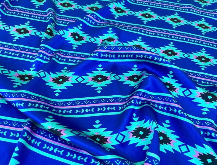 Tribal boho charmeuse satin fabric by the yard - Blue lavender  Aztec