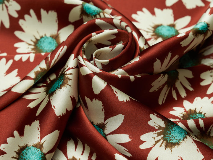 Charmeuse satin fabric by the yard -  Burgundy Daisy floral print