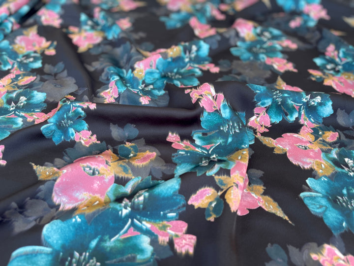 Lightweight stretch   satin dobby   fabric by the yard -  Teal and coral floral on black  pattern