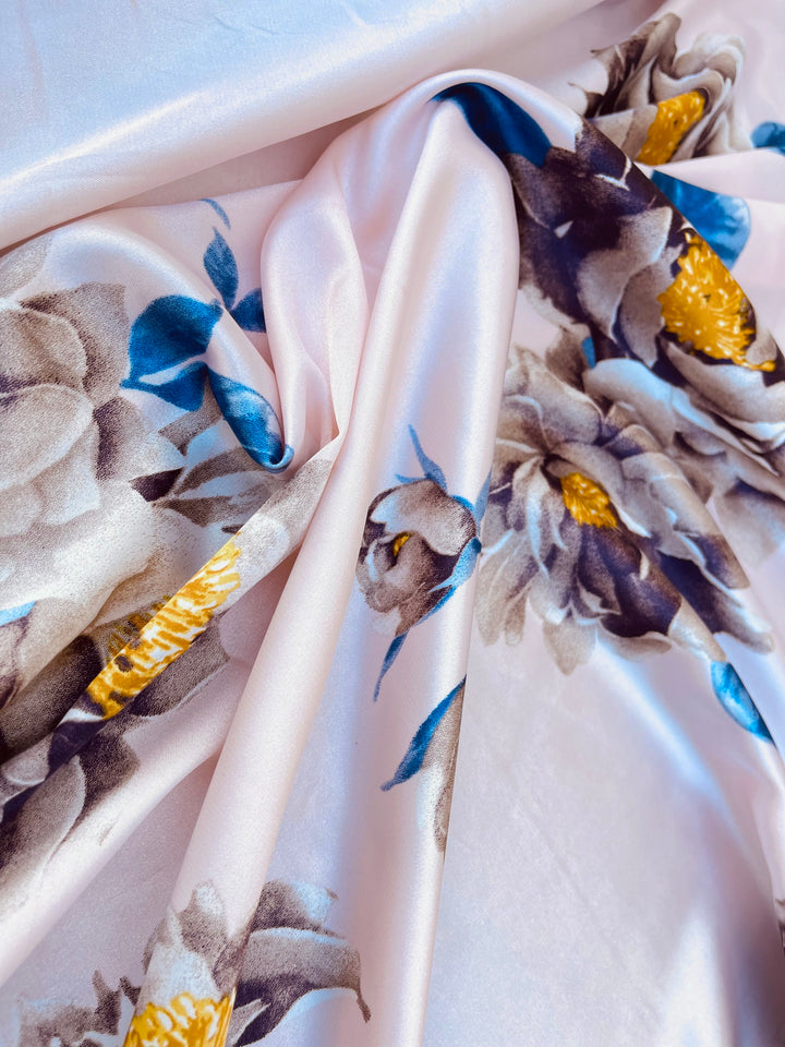 Faux silk charmeuse satin fabric by the yard - Peach with blue and old sage  flowers  print