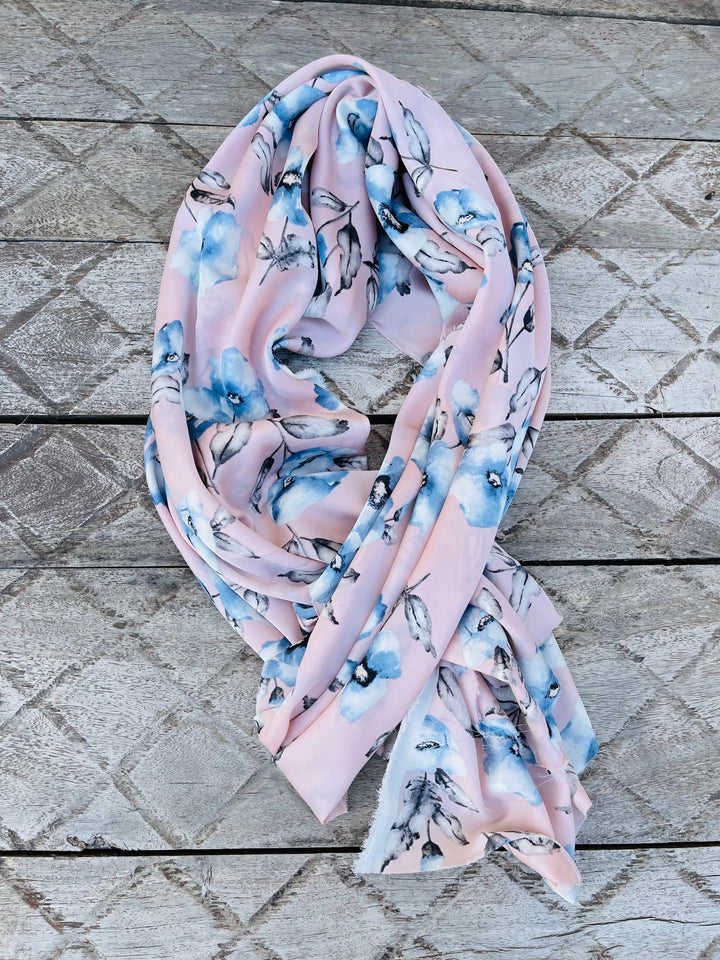 Lightweight  satin  fabric by the yard - Pink blue floral  print