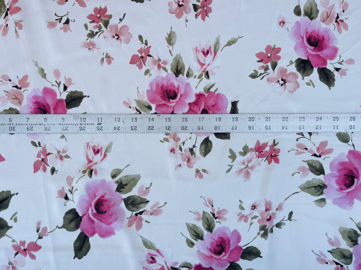 Lightweight satin fabric by the yard - Pink Roses on off white  background