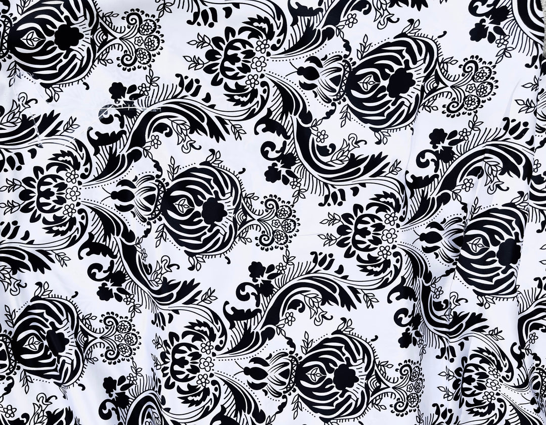 Charmeuse satin fabric by the yard  -  Black and white damask paisley  print