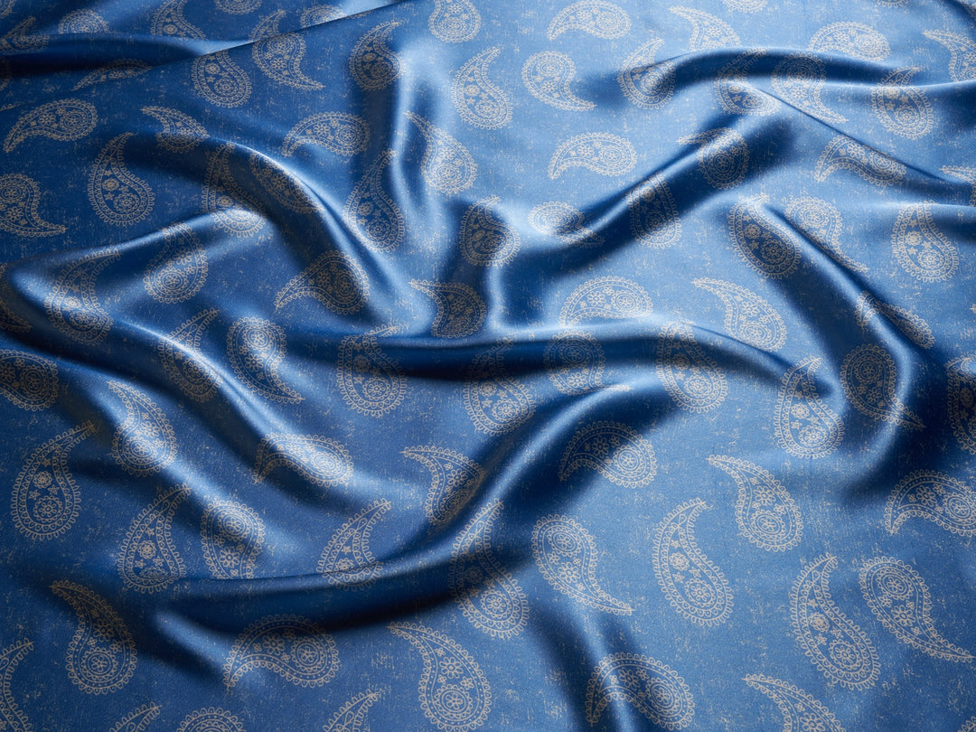 Charmeuse satin fabric by the yard - Blue and off white paisley print