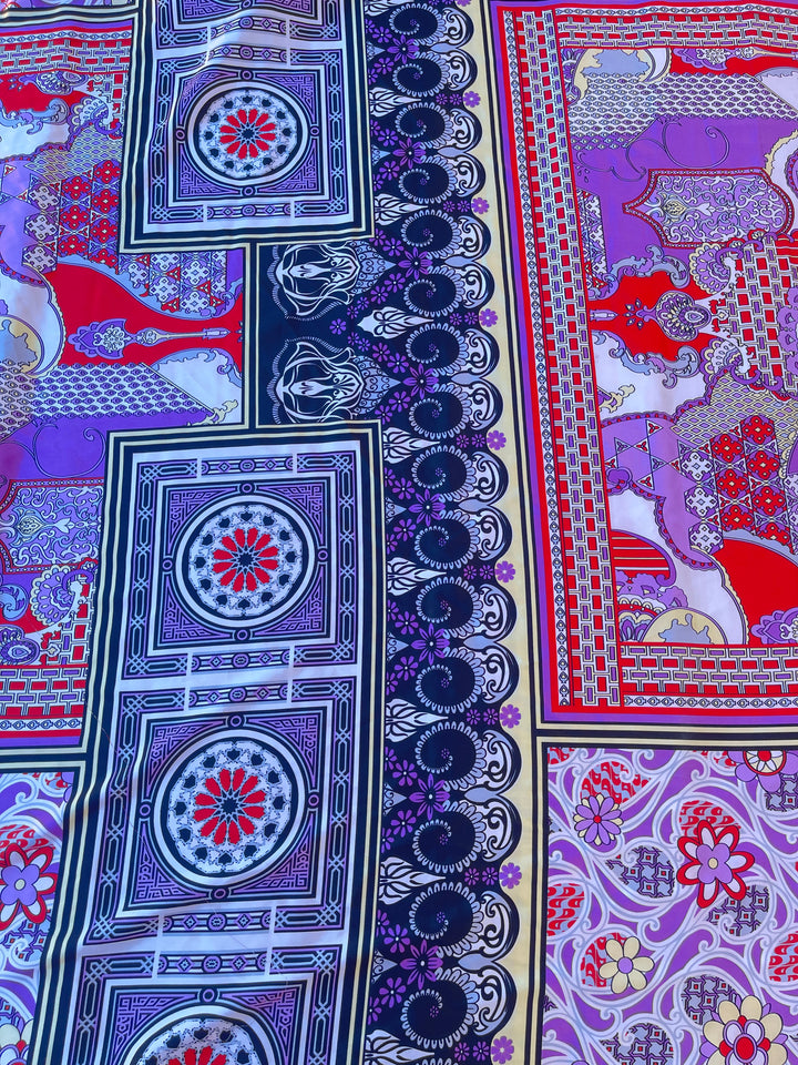 Faux silk charmeuse satin fabric by the yard - Purple black red floral patchwork oriental print