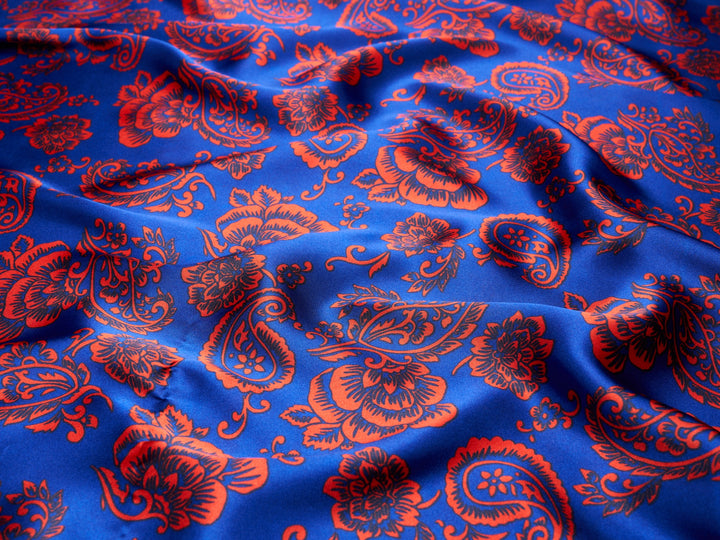 Red and blue paisley  - charmeuse satin fabric by the yard - MonSar exclusive