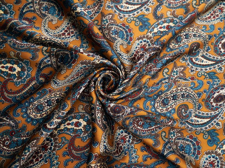 Paisley charmeuse satin fabric by the yard - Mustard brown and Burgundy   tones