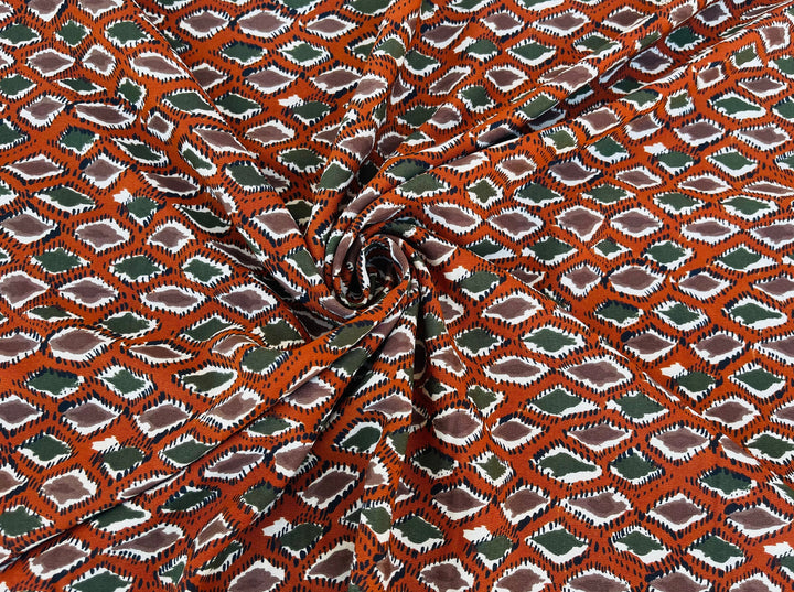 Crepe de Chine fabric by the yard - Rusty orange green brown diamond print