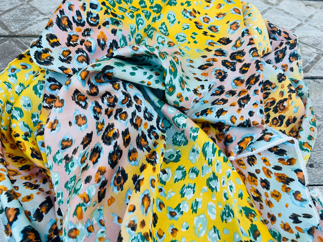 Lightweight  satin  fabric by the yard - Yellow aqua coral animal print