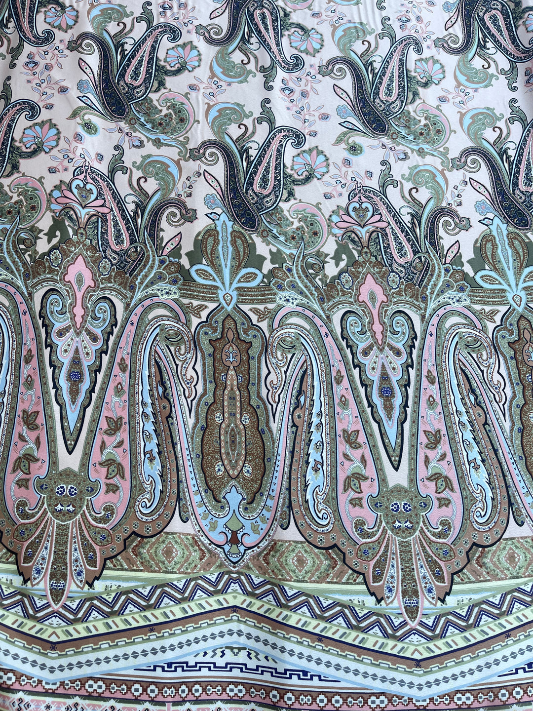 Lightweight  satin  dobby fabric by the yard - Peach blue and green paisley tribal border print