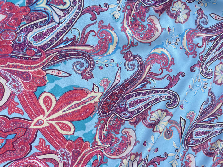 Lightweight  satin  dobby fabric by the yard - Aqua red  paisley tribal border print