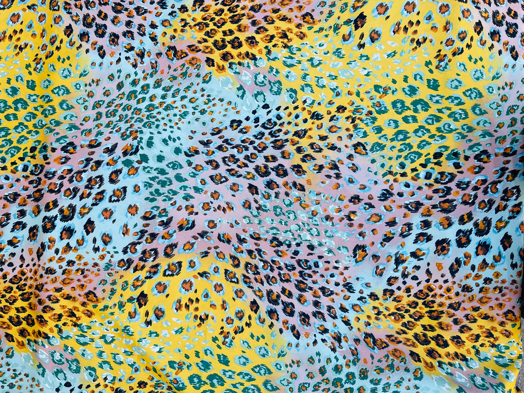 Lightweight  satin  fabric by the yard - Yellow aqua coral animal print
