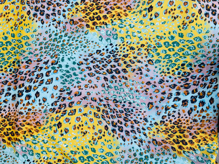 Lightweight  satin  fabric by the yard - Yellow aqua coral animal print