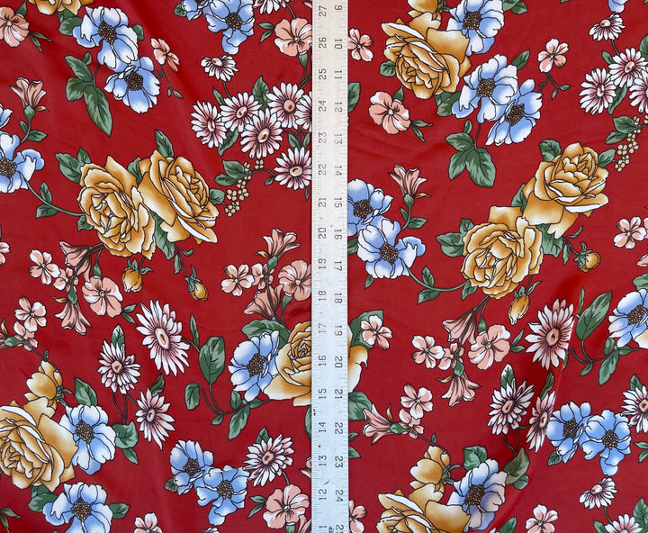 Lightweight  satin fabric by the yard - orange blue yellow floral  print