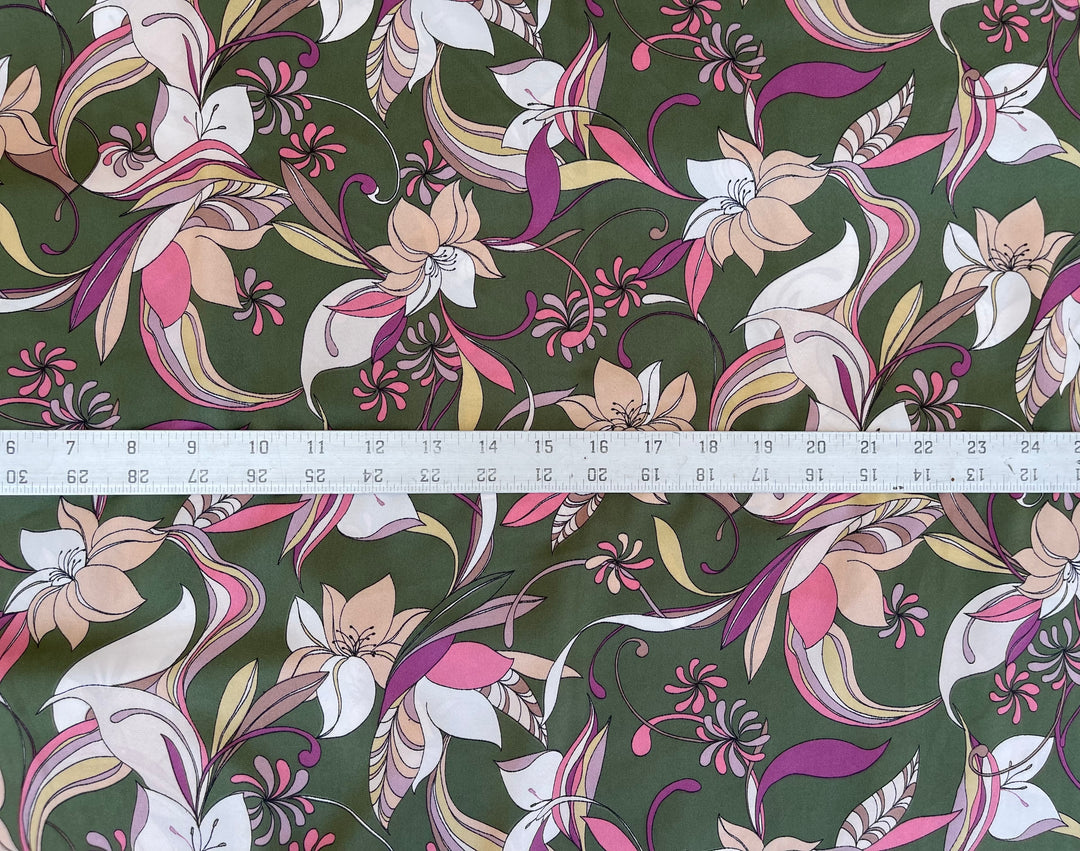 Lightweight  satin stretch fabric by the yard - Green lavender ivory  floral