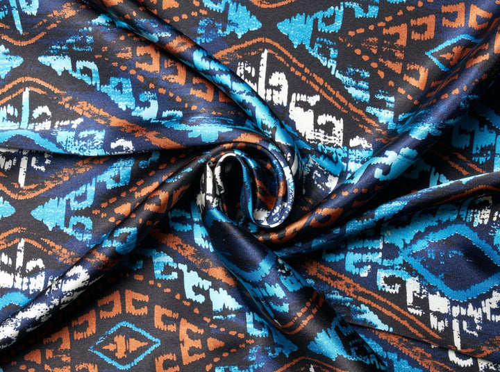 Charmeuse satin fabric by the yard - Blue brown turquoise tribal  print