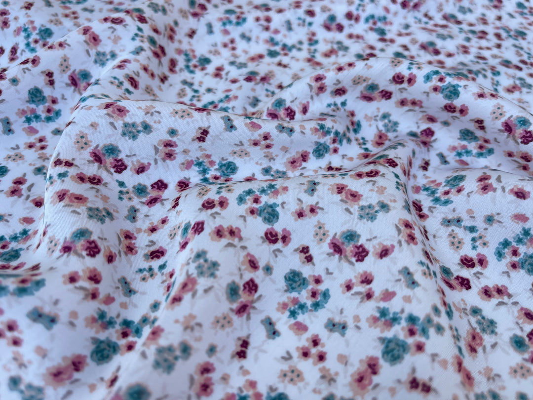 Lightweight  satin  fabric by the yard - Pink teal on white dainty  floral  print