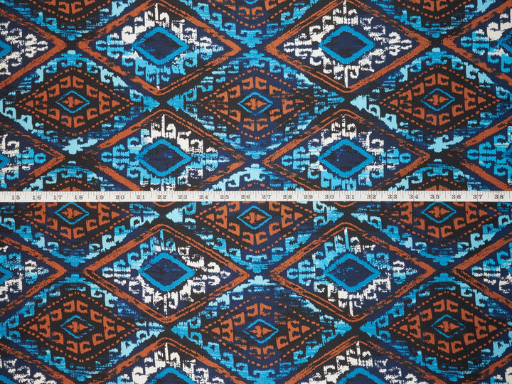 Charmeuse satin fabric by the yard - Blue brown turquoise tribal  print