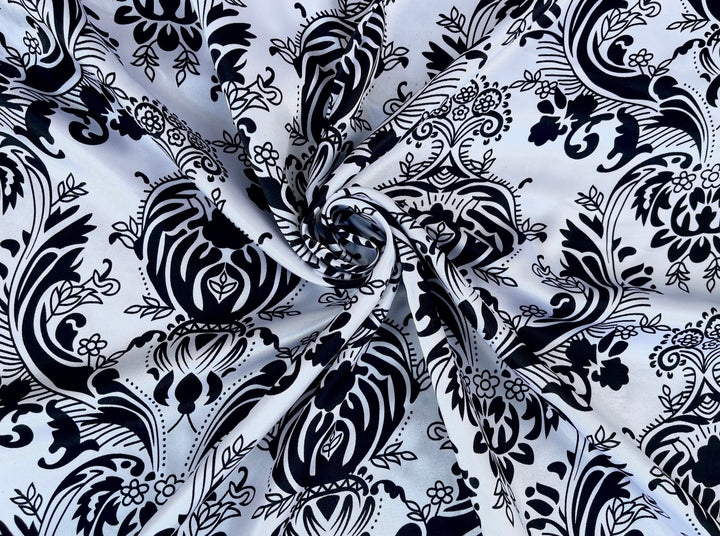 Charmeuse satin fabric by the yard  -  Black and white damask paisley  print