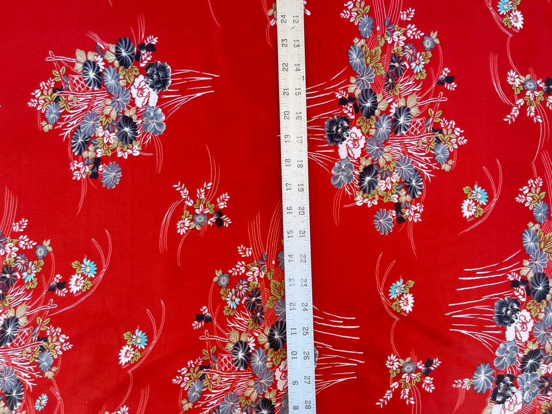 Charmeuse satin fabric by the yard  -  Red blue florwer bundles print