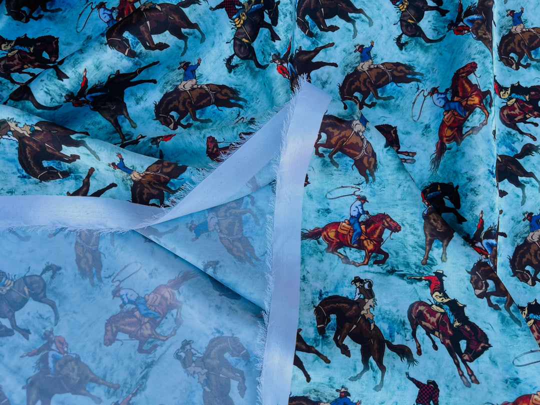 Charmeuse Satin sublimation  fabric by the yard -  Buckin’ Horses - Cowboys western    print