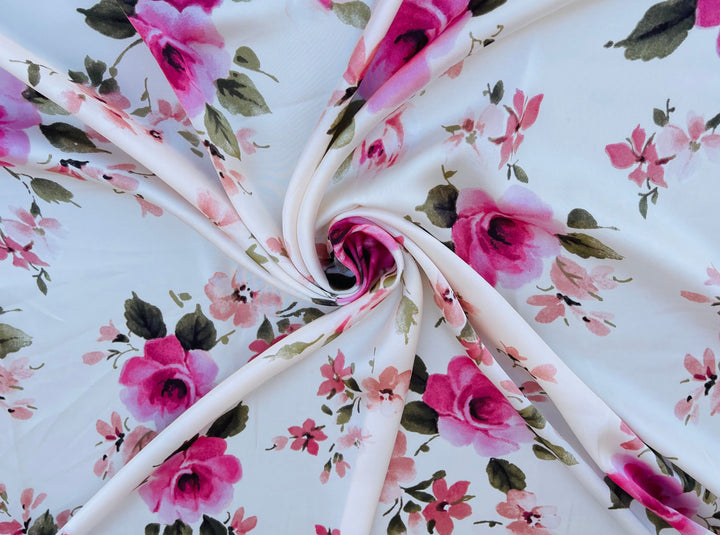 Lightweight satin fabric by the yard - Pink Roses on off white  background