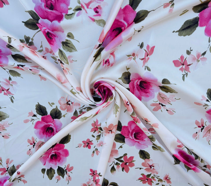 Lightweight satin fabric by the yard - Pink Roses on Black background