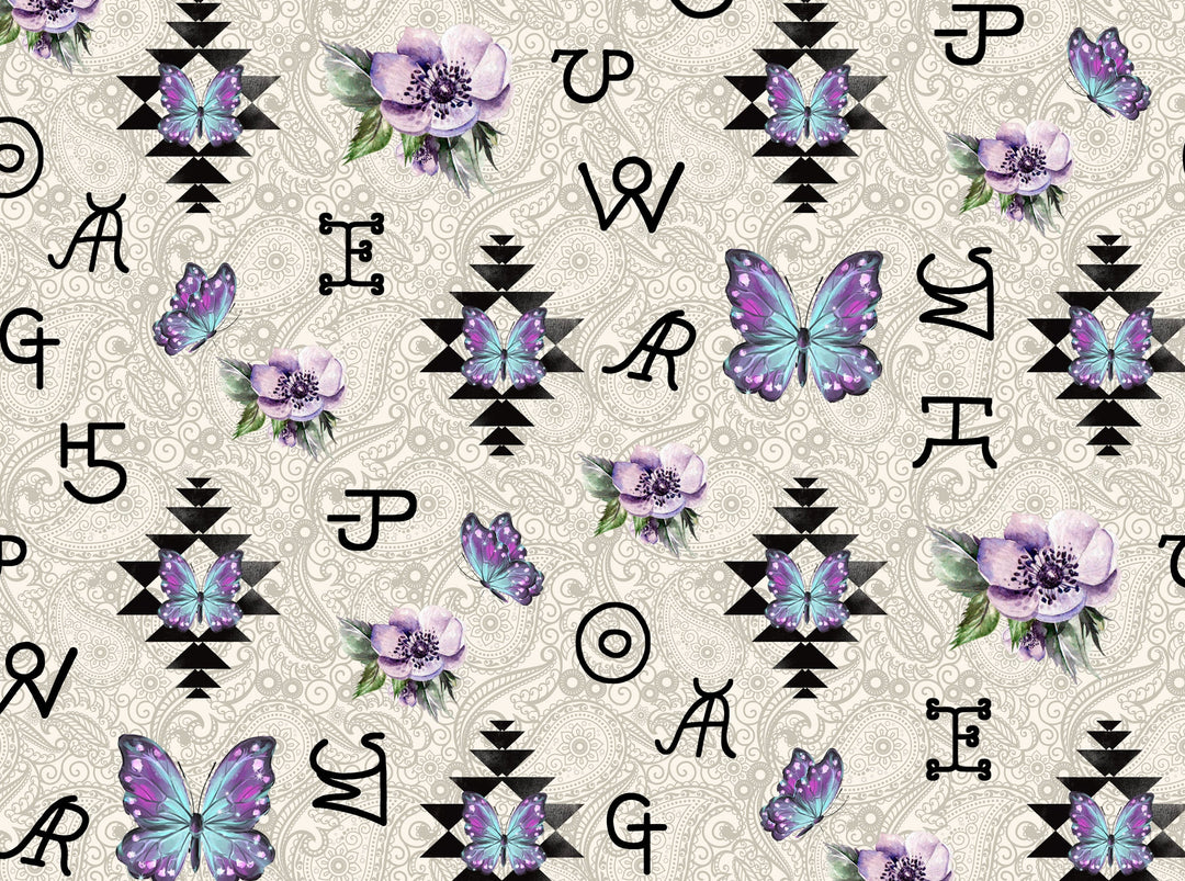 Charmeuse Satin sublimation  fabric by the yard -   Butterflies, paisleys and brands  print