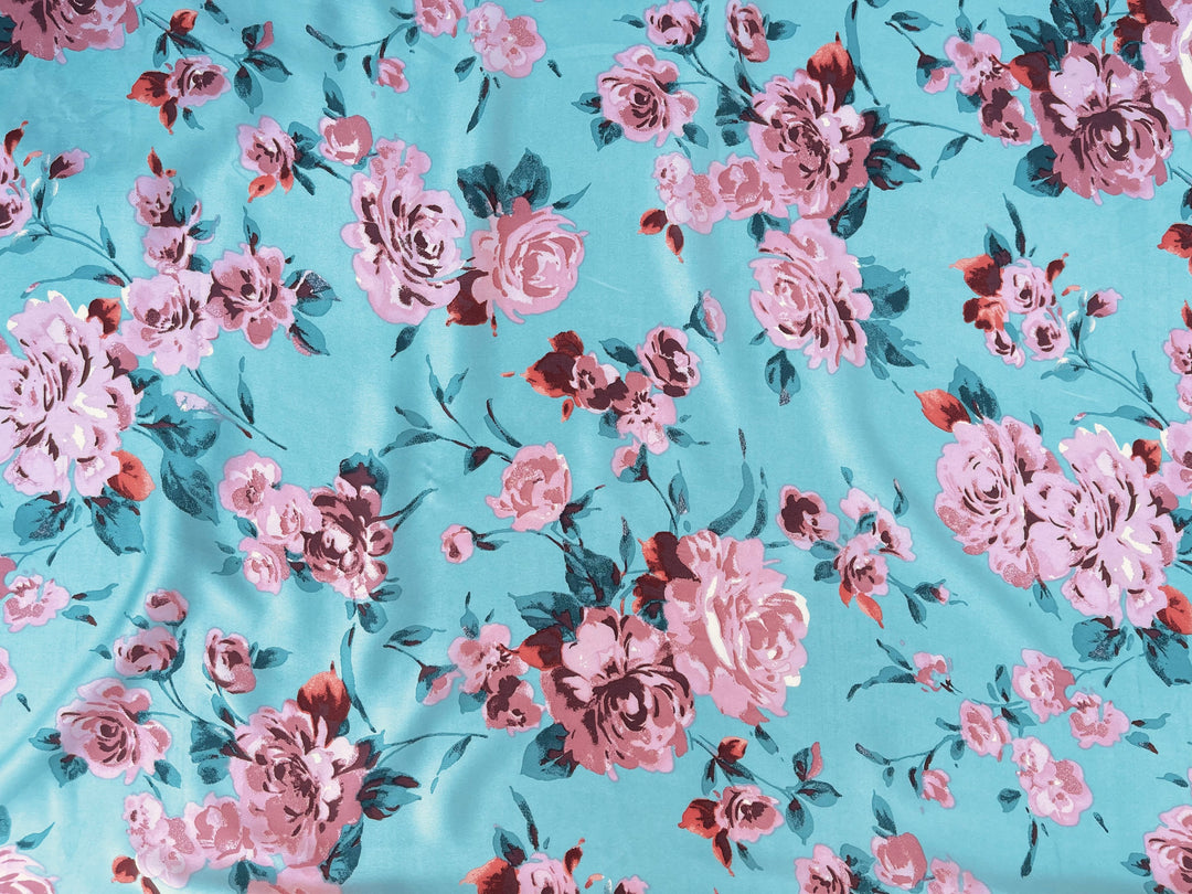 Lightweight  satin  fabric by the yard - Aqua and coral  floral  print