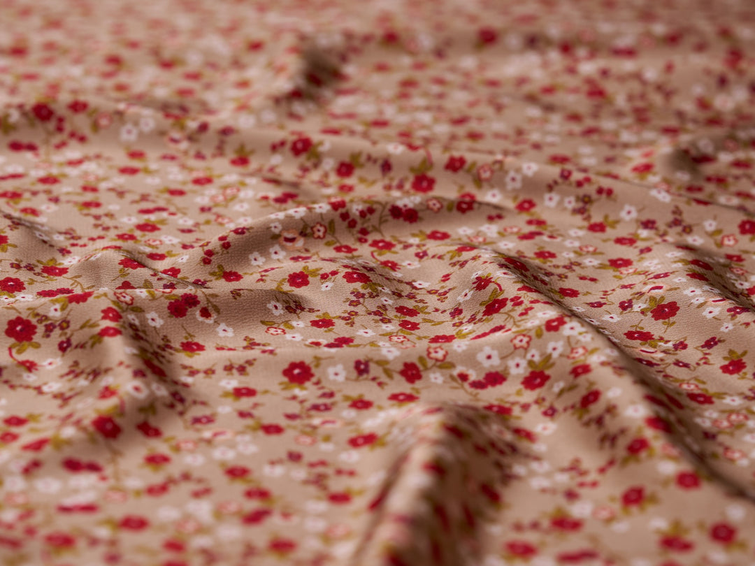 Lightweight  satin  dobby fabric by the yard - Mocha with red dainty florals  pattern