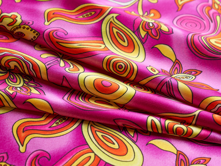 Charmeuse satin fabric by the yard  -  Hot pink yellow red paisley