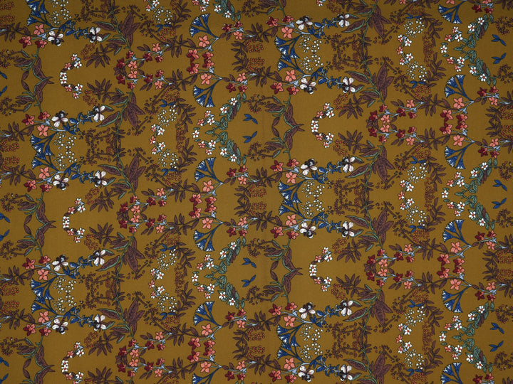 Woolpeach Floral fabric by the yard - Ochre mustard blue white wildflowers - dainty floral