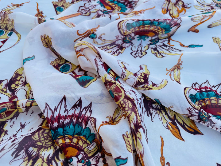 Chiffon fabric by the yard - Feathers cow skull tribal aztec western  print