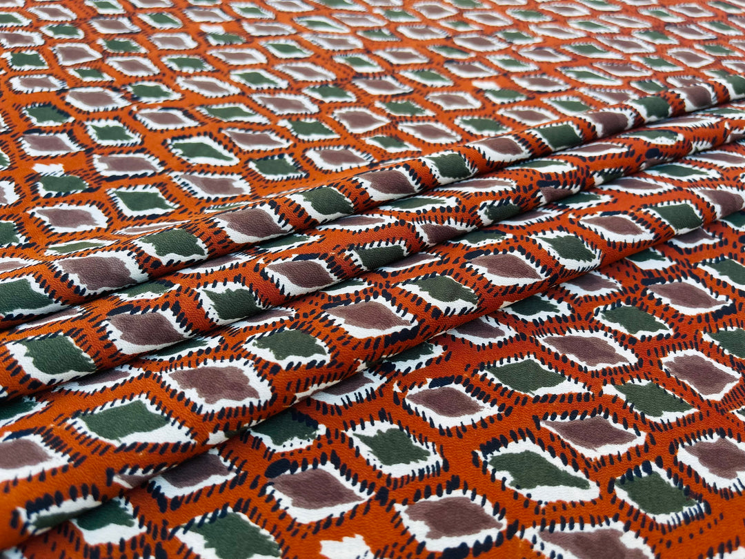 Crepe de Chine fabric by the yard - Rusty orange green brown diamond print