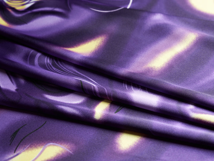 Charmeuse satin fabric by the yard - Purple and gold   print