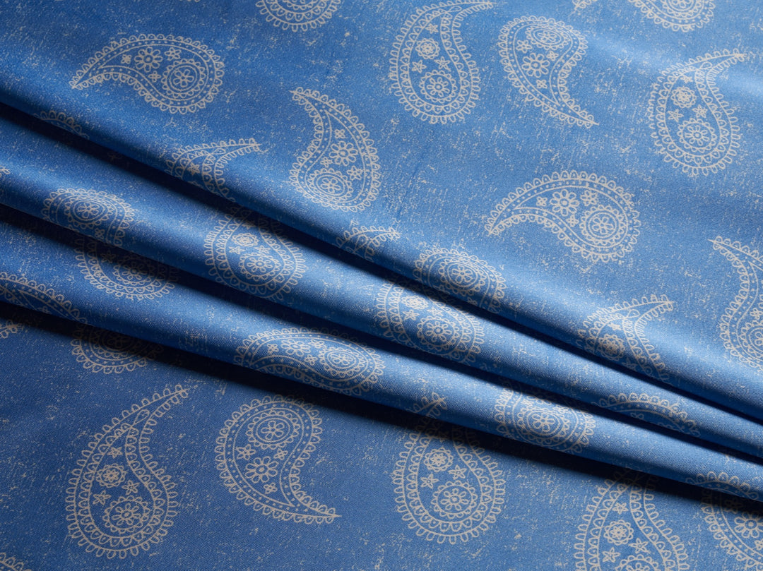 Charmeuse satin fabric by the yard - Blue and off white paisley print