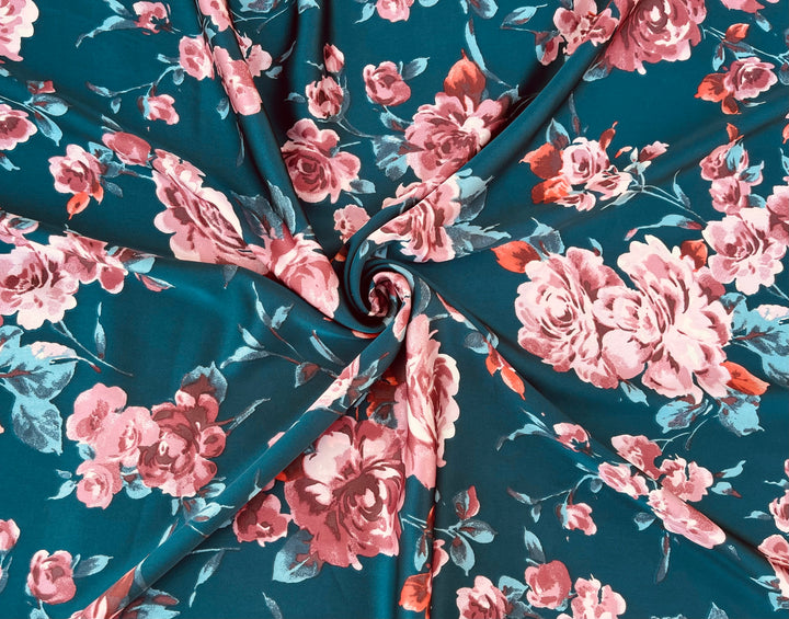 Lightweight  satin  fabric by the yard - Dark teal and coral  floral  print