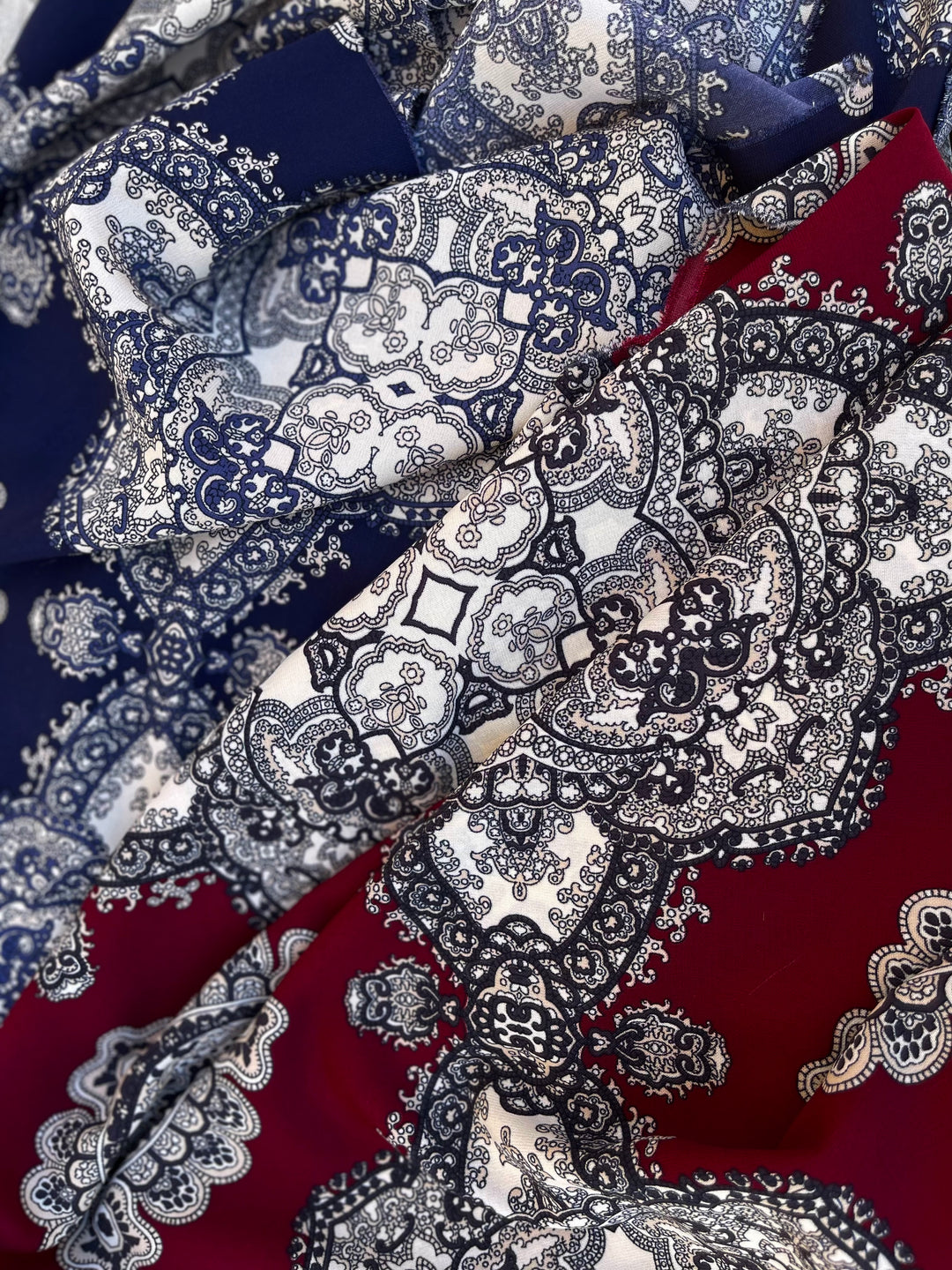 Woolpeach fabric by the yard - Navy and off white paisley damask border print