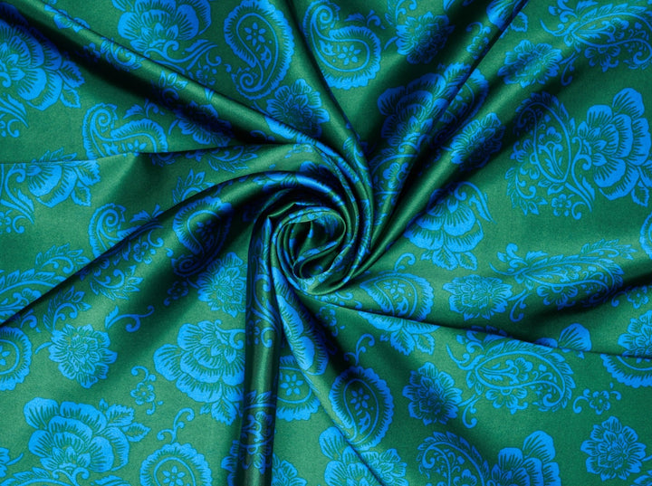 Green and blue paisley  - charmeuse satin fabric by the yard - MonSar exclusive