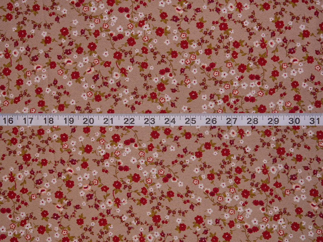 Lightweight  satin  dobby fabric by the yard - Mocha with red dainty florals  pattern