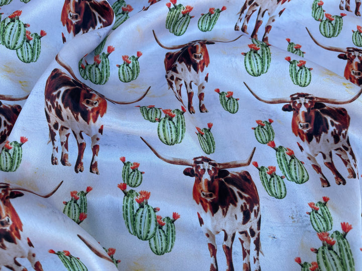 Charmeuse Satin sublimation  fabric by the yard -  Longhorn cactus - Boho western    print