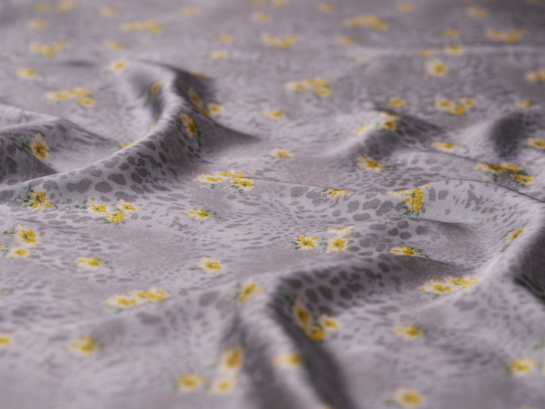 Lightweight  satin  fabric by the yard - Gray animal and Yellow   floral  print