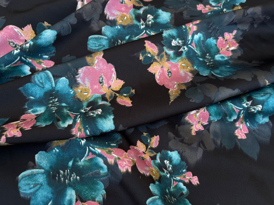 Lightweight stretch   satin dobby   fabric by the yard -  Teal and coral floral on black  pattern