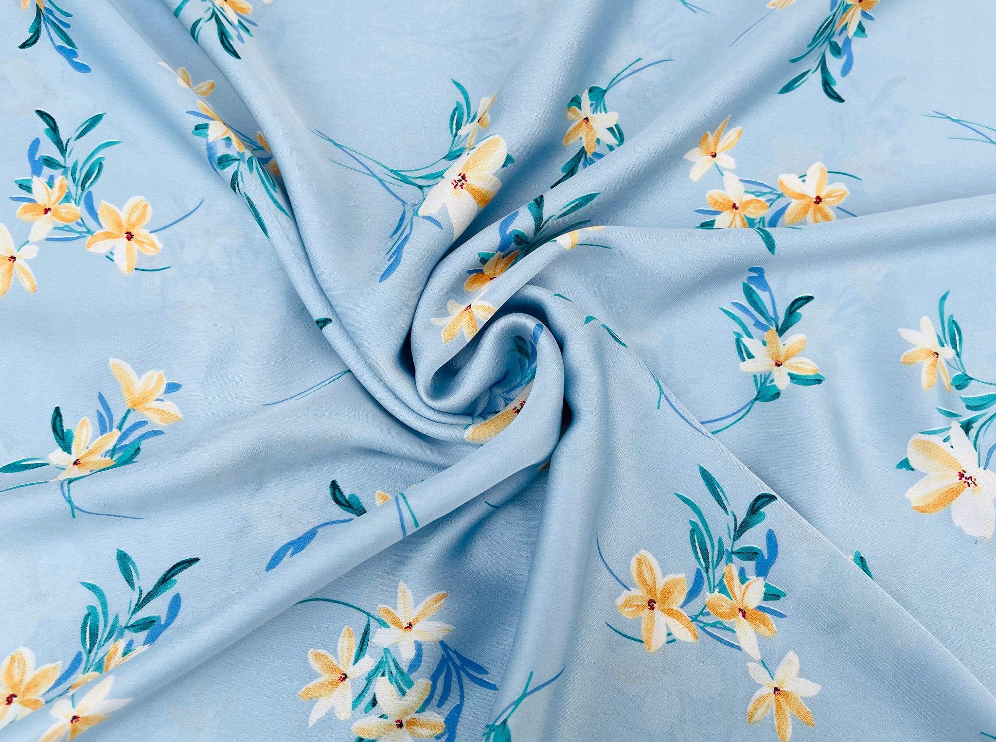 Lightweight satin fabric by the yard - Light blue dainty floral print –  MONSARFABRICS