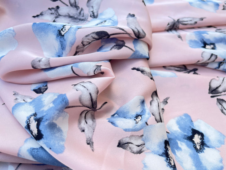 Lightweight  satin  fabric by the yard - Pink blue floral  print