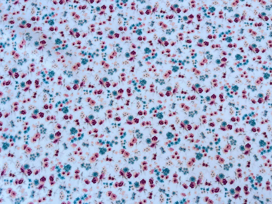 Lightweight  satin  fabric by the yard - Pink teal on white dainty  floral  print