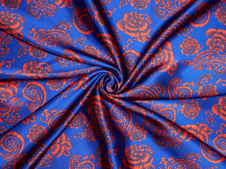 Red and blue paisley  - charmeuse satin fabric by the yard - MonSar exclusive